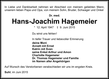 Traueranzeige von Hans-Joachim Hagemeier von Südthüringer Presse