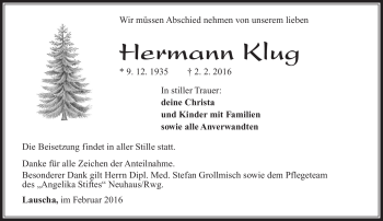 Traueranzeige von Hermann Klug von Südthüringer Presse