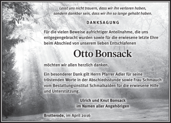 Traueranzeige von Otto Bonsack von Südthüringer Presse