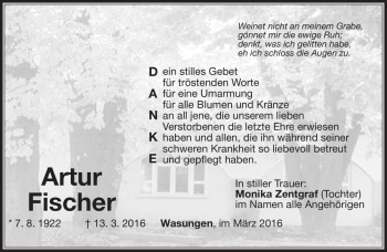Traueranzeige von Artur Fischer von Südthüringer Presse