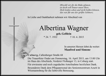 Traueranzeige von Albertina Wagner von Neue Presse Coburg
