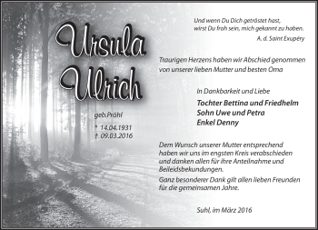 Traueranzeige von Ursula Ulrich von Südthüringer Presse