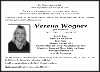 Traueranzeige von Verena Wagner von Südthüringer Presse