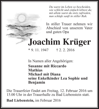Traueranzeige von Joachim Krüger von Südthüringer Presse