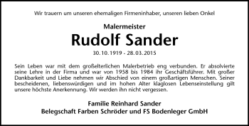 Traueranzeige von Rudolf Sander von Südthüringer Presse