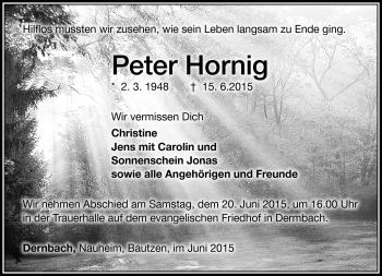 Traueranzeige von Peter Hornig von Südthüringer Presse