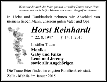 Traueranzeige von Horst Reinhardt von Südthüringer Presse
