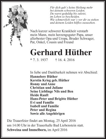 Traueranzeige von Gerhard Hüther von Südthüringer Presse