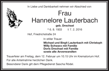 Traueranzeige von Hannelore Lauterbach von Frankenpost
