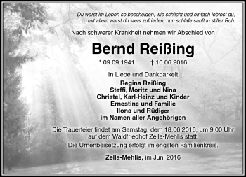 Traueranzeige von Bernd Reißing von Südthüringer Presse