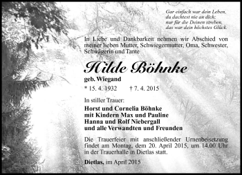 Traueranzeige von Hilde Böhnke von Südthüringer Presse