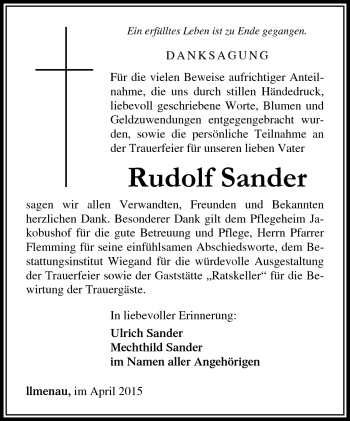 Traueranzeige von Rudolf Sander von Südthüringer Presse