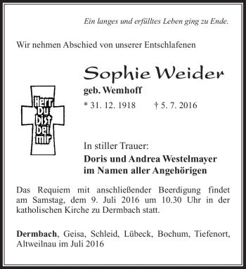 Traueranzeige von Sophie Weider von Südthüringer Presse