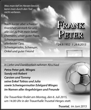 Traueranzeige von Frank Peter von Südthüringer Presse
