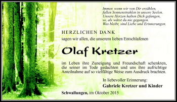 Traueranzeige von Olaf Kretzer von Südthüringer Presse