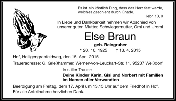 Traueranzeige von Else Braun von Frankenpost
