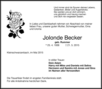 Traueranzeige von Jolonde Becker von Frankenpost
