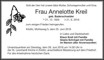 Traueranzeige von Annelotte Kreil von Frankenpost