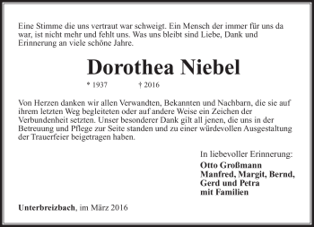 Traueranzeige von Dorothea Niebel von Südthüringer Presse