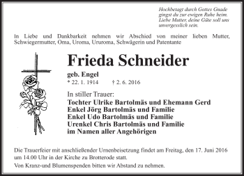 Traueranzeige von Frieda Schneider von Südthüringer Presse