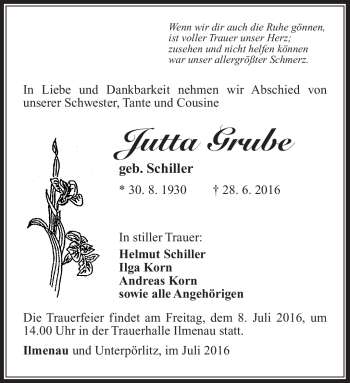 Traueranzeige von Jutta grube von Südthüringer Presse