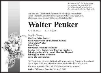 Traueranzeige von Walter Peuker von Südthüringer Presse