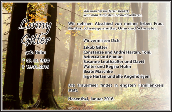 Traueranzeige von Lonny Gitter von Südthüringer Presse