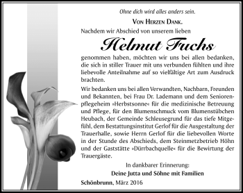 Traueranzeige von Helmut Fuchs von Südthüringer Presse