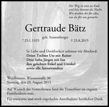 Traueranzeige von Gertraude Bätz von Neue Presse Coburg