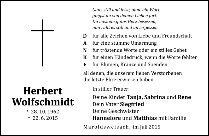  Traueranzeige für Herbert Wolfschmidt vom 04.07.2015 aus Neue Presse Coburg