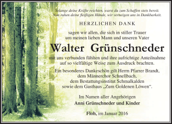 Traueranzeige von Walter Grünschneder von Südthüringer Presse