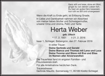 Traueranzeige von Herta Weber von Frankenpost
