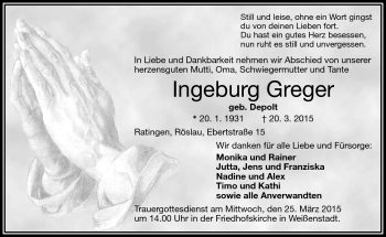 Traueranzeige von Ingeburg Greger von Frankenpost