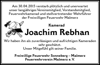 Traueranzeige von Joachim Rebhan von Südthüringer Presse