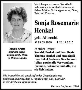 Traueranzeige von Sonja Henkel von Südthüringer Presse
