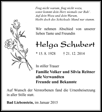 Traueranzeige von Helga Schubert von Südthüringer Presse