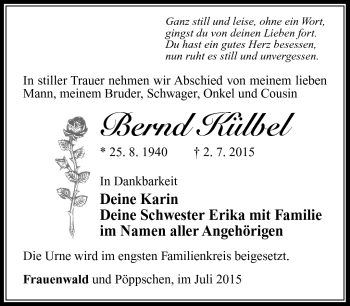 Traueranzeige von Bernd Külbel von Südthüringer Presse
