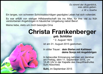 Traueranzeige von Christa Frankenberger von Südthüringer Presse