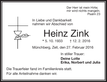 Traueranzeige von Heinz Zink von Frankenpost