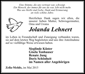 Traueranzeige von Jolanda Lehnert von Südthüringer Presse
