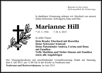 Traueranzeige von Marianne Hill von Südthüringer Presse