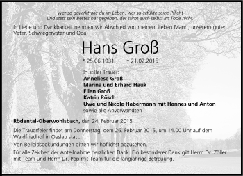 Traueranzeige von Hans Groß von Neue Presse Coburg