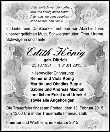 Traueranzeige von Edith König von Südthüringer Presse