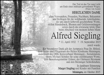 Traueranzeige von Alfred Siegling von Südthüringer Presse