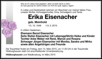 Traueranzeige von Erika Eisenacher von Südthüringer Presse