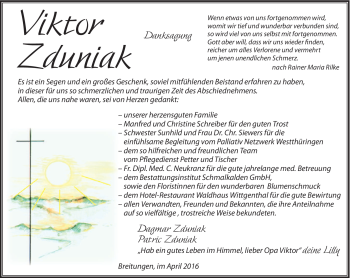 Traueranzeige von Viktor Zduniak von Südthüringer Presse