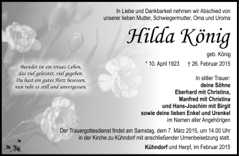 Traueranzeige von Hilda König von Südthüringer Presse