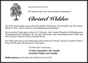 Traueranzeige von Christel Widder von Südthüringer Presse