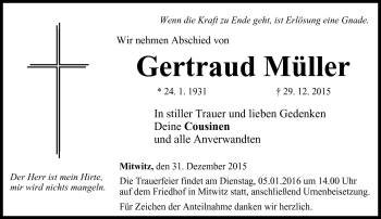 Traueranzeige von Gertraud Müller von Neue Presse Coburg