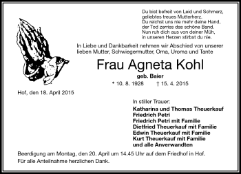 Traueranzeige von Agneta Kohl von Frankenpost